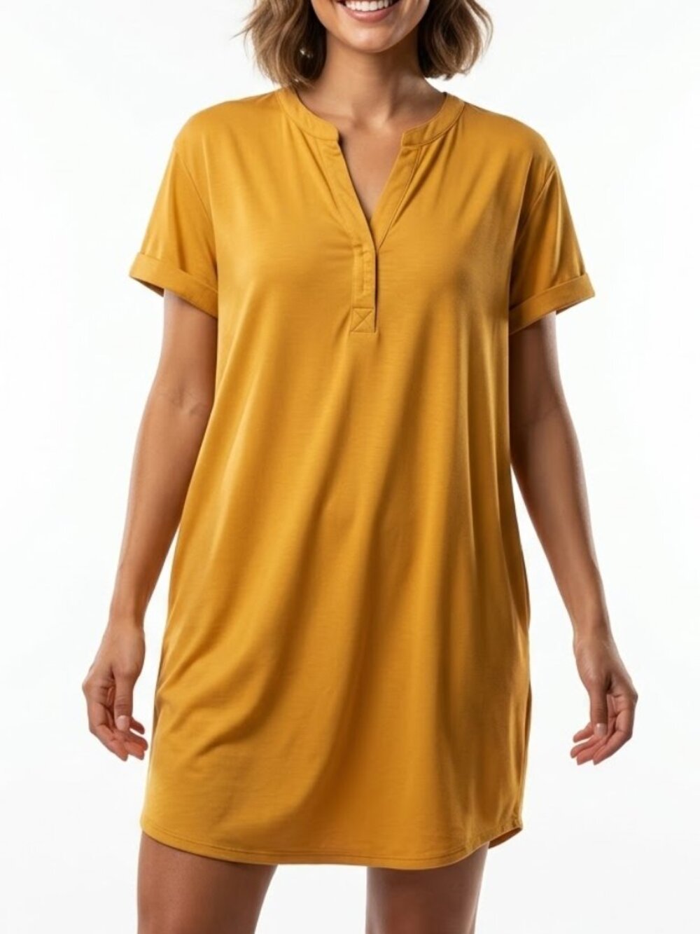 a.n.a Mustard Yellow Retro Shift Dress V-Neck Mini with Pockets 70s Indie L